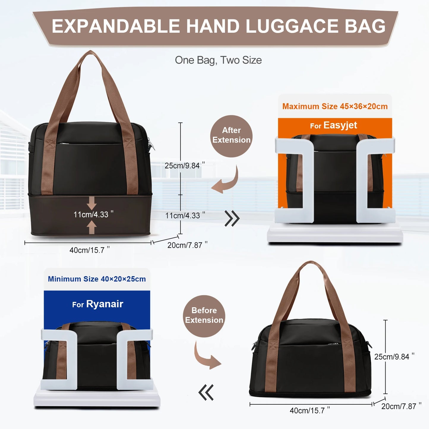 Cabin Bag 40x20x25  Large Maximum Hand Luggage for Men and Women | Expandable Sports Tote Weekender Travel Duffel Bag