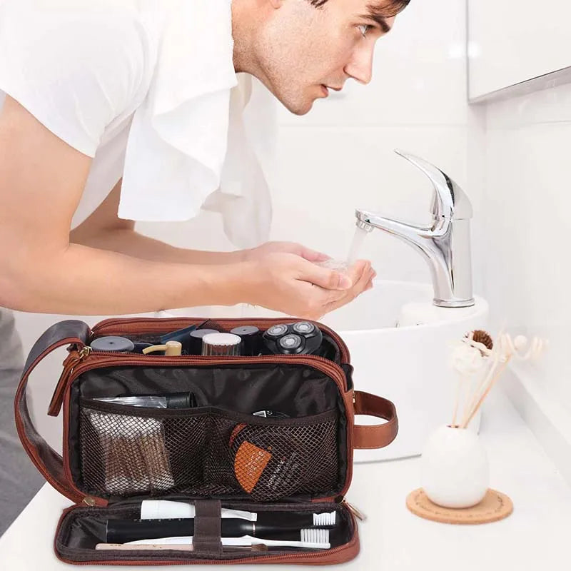 Men’s Travel Toiletry Bag – Waterproof PU Leather Shaving Dopp Kit with Wet/Dry Separation  Description: