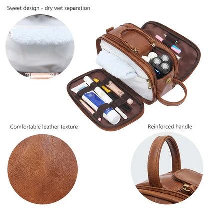 Men’s Travel Toiletry Bag – Waterproof PU Leather Shaving Dopp Kit with Wet/Dry Separation  Description: