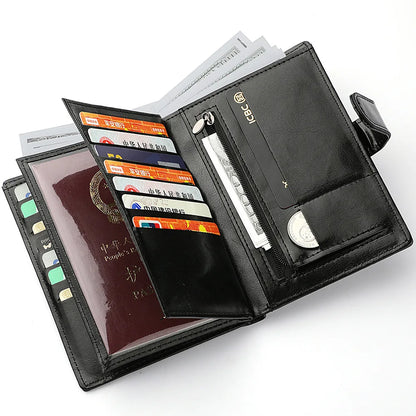 High Capacity Men's Passport Leather Wallet - Multiple Card Slots and Clear ID Window