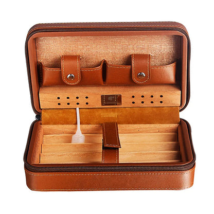 Four Sticks Portable Cigar Humidor Cedar Wood Travel Set – Holds 4 Cigars, Room for Cutter & Lighter