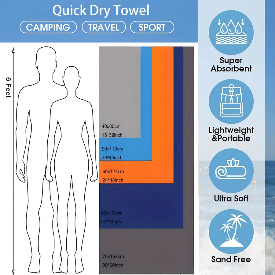 1-Pc Microfiber Travel Towel - Quick-Dry, Super Absorbent, Compact Towel