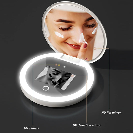 UV Mirror Sunscreen Testing Camera with Light – 2X Magnification Travel Makeup Mirror