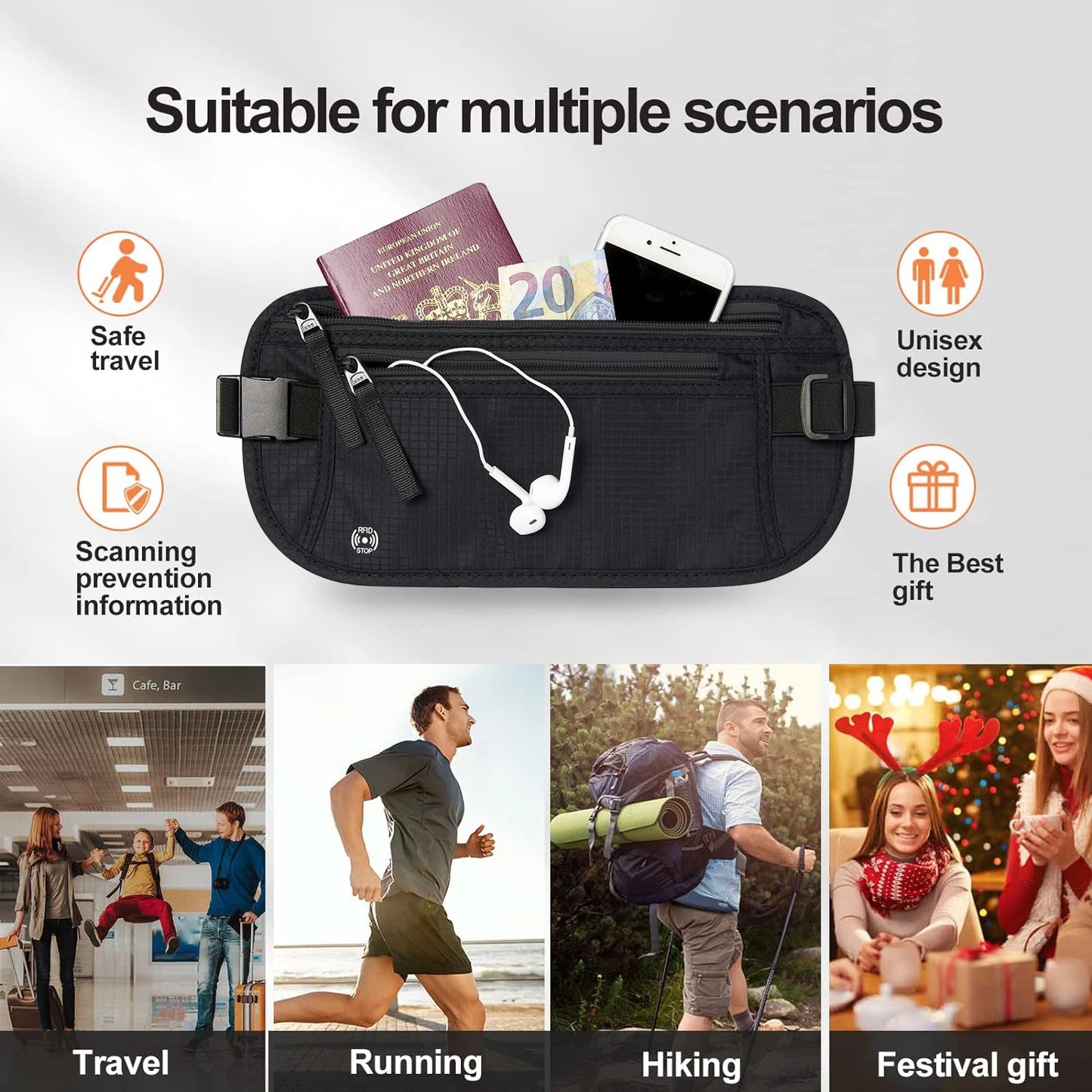 Travel Money Belt - Slim Passport Holder RFID Blocking Pouch