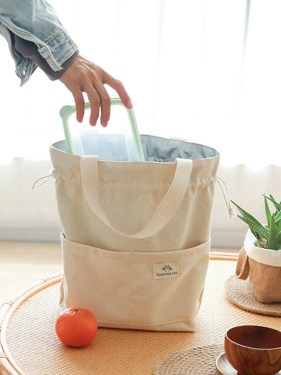 Drawstring Canvas Insulated Lunch Bag - Thicken Aluminum Foil Thermal Box Tote Cooler Handbag