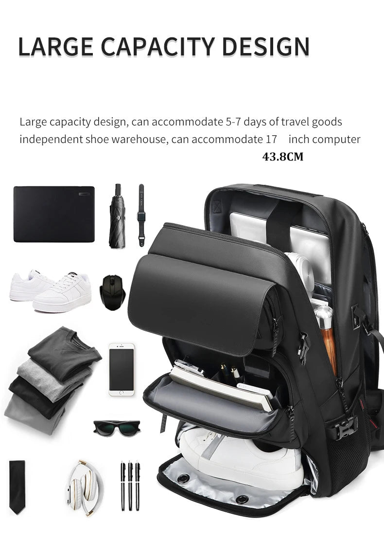 Men’s Travel Backpack 17-Inch Business Laptop Bag – Waterproof, 50L Capacity, USB Charging, Separate Shoe Compartment