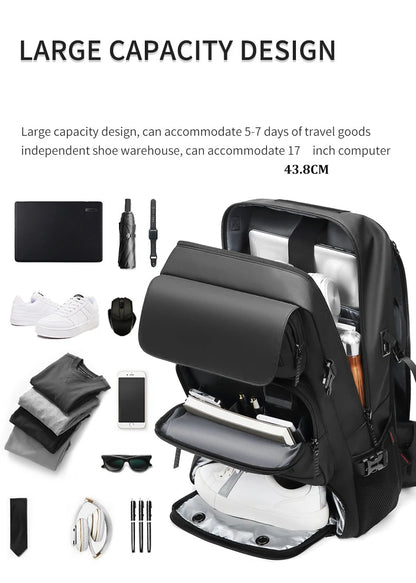 Men’s Travel Backpack 17-Inch Business Laptop Bag – Waterproof, 50L Capacity, USB Charging, Separate Shoe Compartment