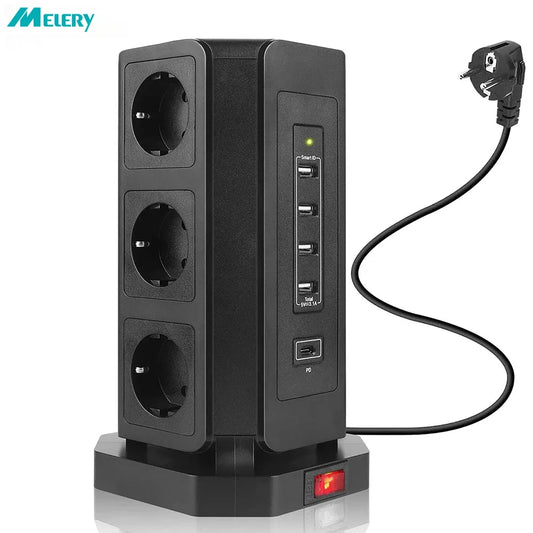 Vertical Power Strip Tower with USB Type-C and Surge Protection – 9 Outlets, 5 USB Ports