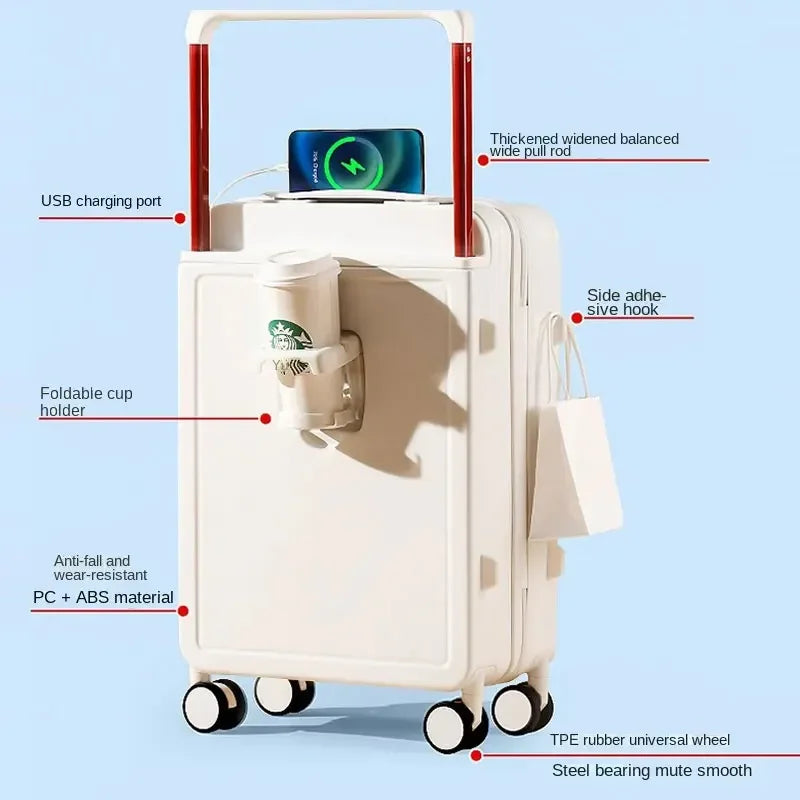 Trolley Suitcase with External USB Charging Port and Foldable Cup Holder