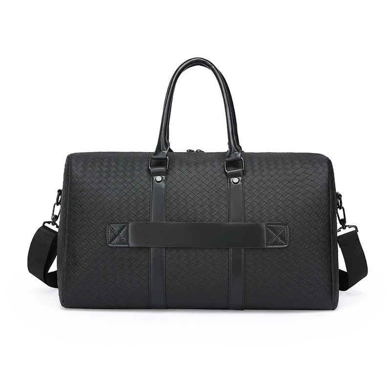 Large Capacity Black Woven Leather Travel Bag – Unisex Handbag with Shoulder Strap