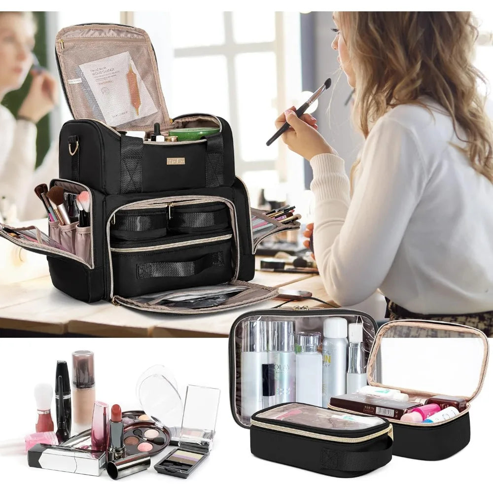 Makeup Cosmetic Bag with 3 Removable Cases – Double Layer Travel Organizer with Dividers and Brushes Storage Section