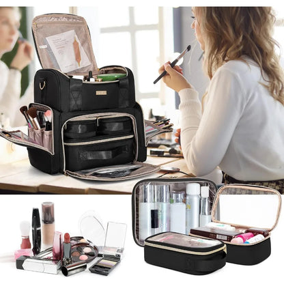 Makeup Cosmetic Bag with 3 Removable Cases – Double Layer Travel Organizer with Dividers and Brushes Storage Section