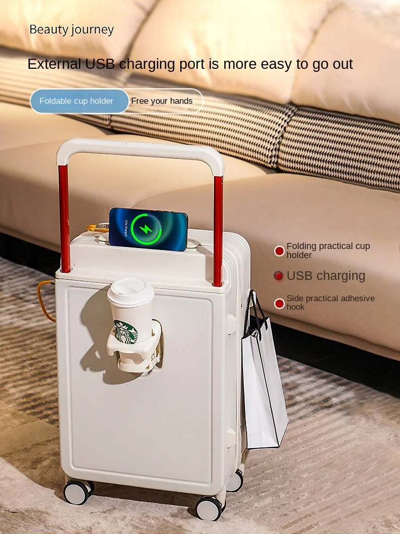 Trolley Suitcase with External USB Charging Port and Foldable Cup Holder