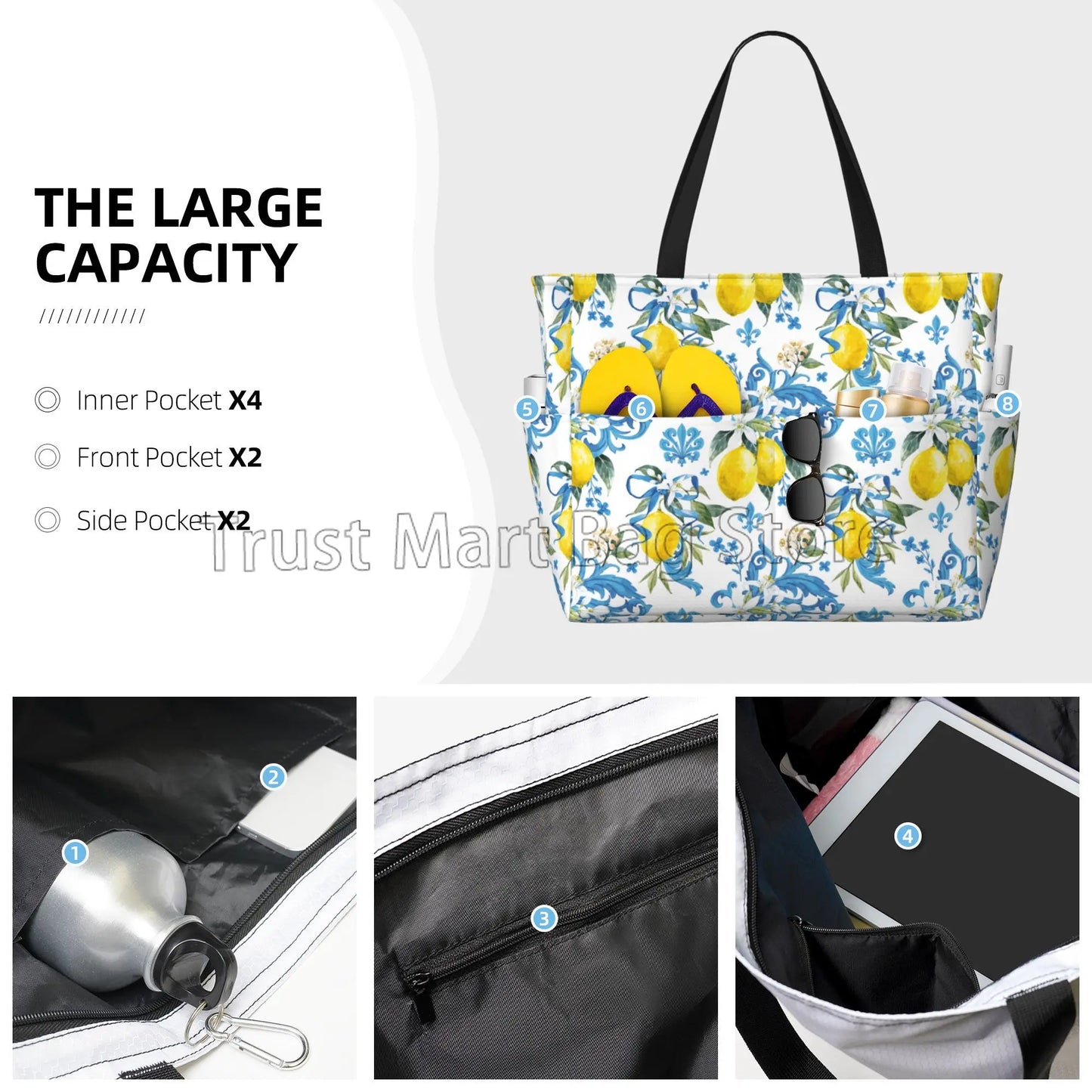 Summer Tropical Lemon Waterproof Beach Bag - Utility Zipper Tote