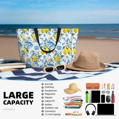 Summer Tropical Lemon Waterproof Beach Bag - Utility Zipper Tote