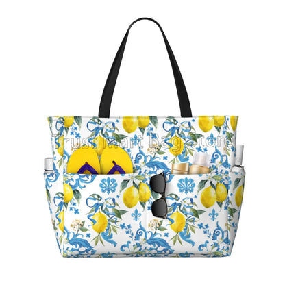 Summer Tropical Lemon Waterproof Beach Bag - Utility Zipper Tote