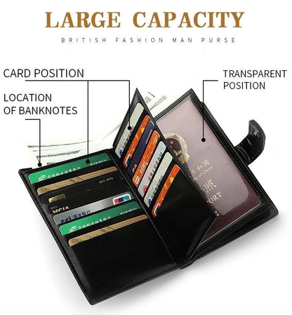 High Capacity Men's Passport Leather Wallet - Multiple Card Slots and Clear ID Window