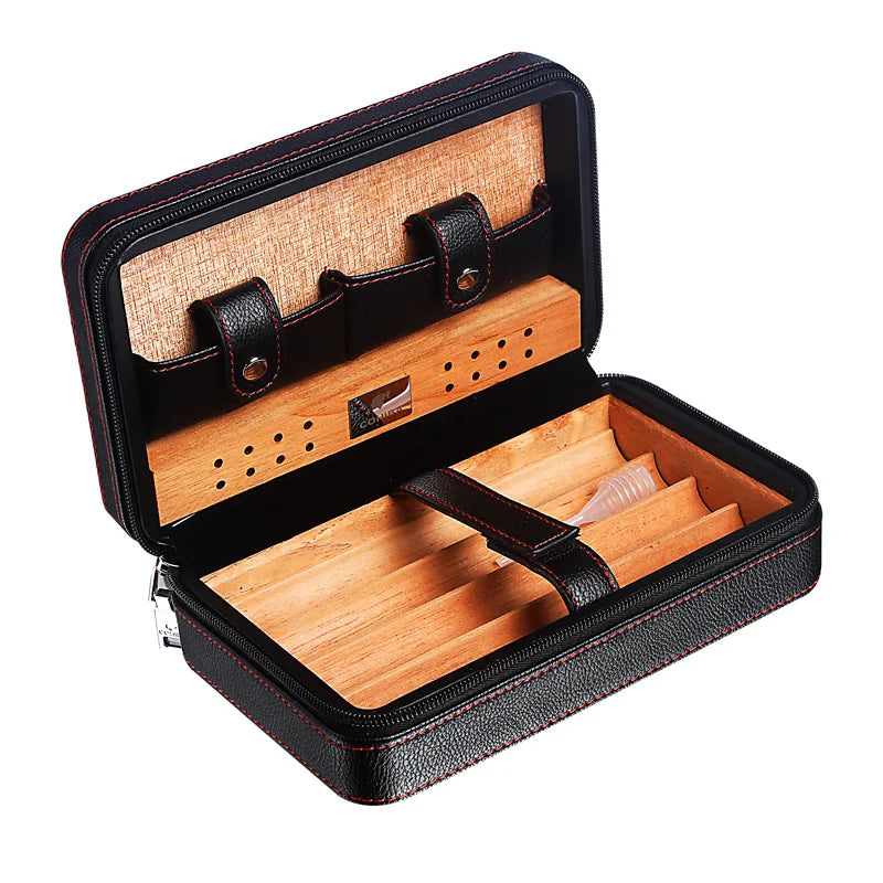 Four Sticks Portable Cigar Humidor Cedar Wood Travel Set – Holds 4 Cigars, Room for Cutter & Lighter