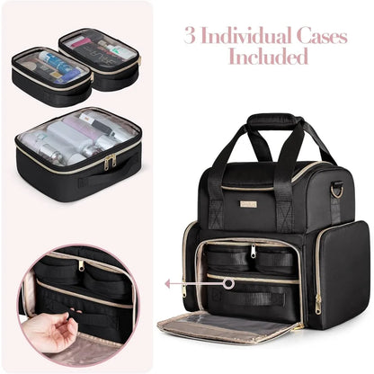 Makeup Cosmetic Bag with 3 Removable Cases – Double Layer Travel Organizer with Dividers and Brushes Storage Section