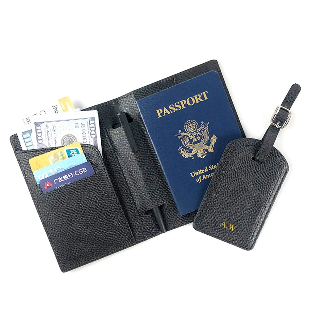 Name Passport Cover Luggage Tag Set - Fashion PU Leather Travel Purse