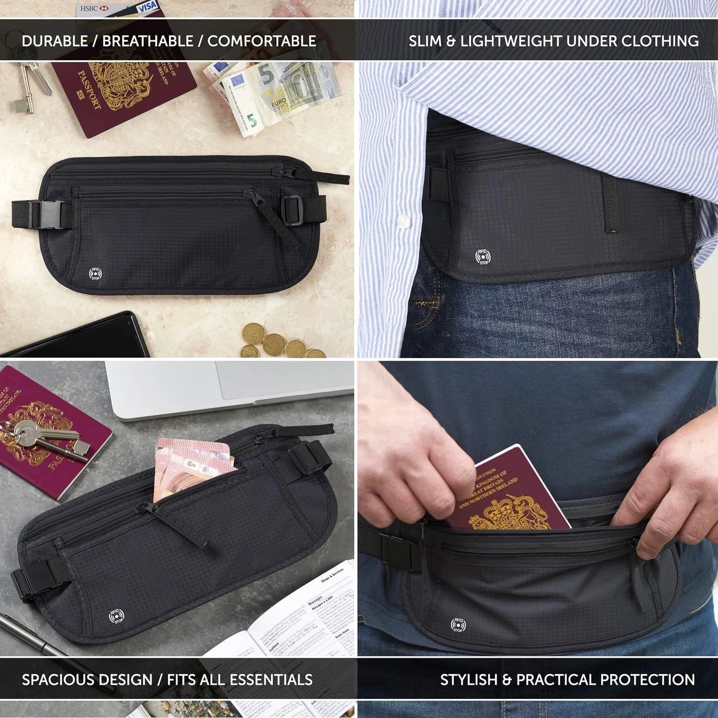 Travel Money Belt - Slim Passport Holder RFID Blocking Pouch